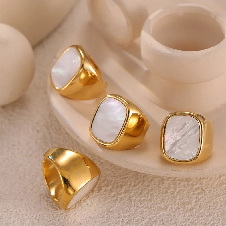 Fashion Large Chunky Square Shell Rings Non Tarnish Jewelry 18k Gold Stainless Steel Irregular Statement Open Ring for Women