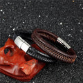 Vintage Punk Style Hand Knitting Woven Real Leather Stainless Steel Magnetic Clasp Bracelet Charm Jewelry for Women Men Gift