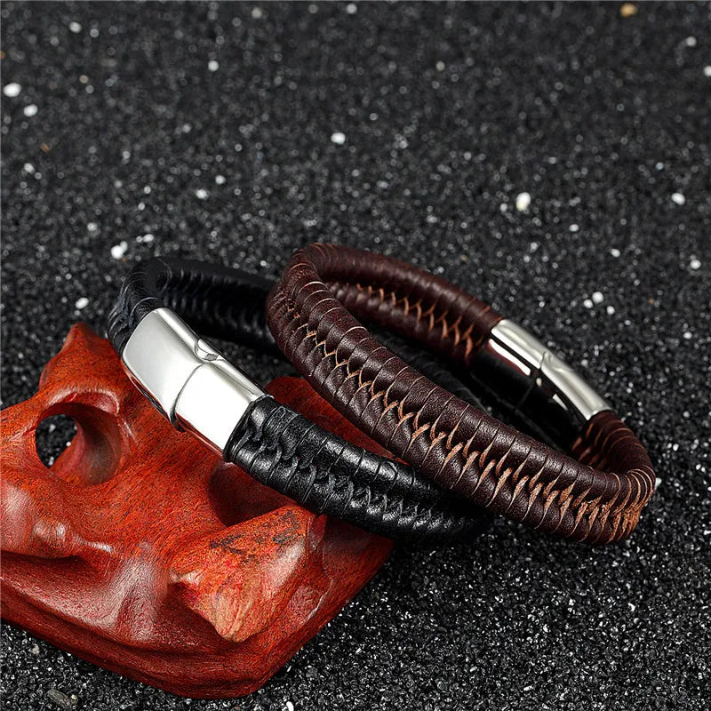 Vintage Punk Style Hand Knitting Woven Real Leather Stainless Steel Magnetic Clasp Bracelet Charm Jewelry for Women Men Gift