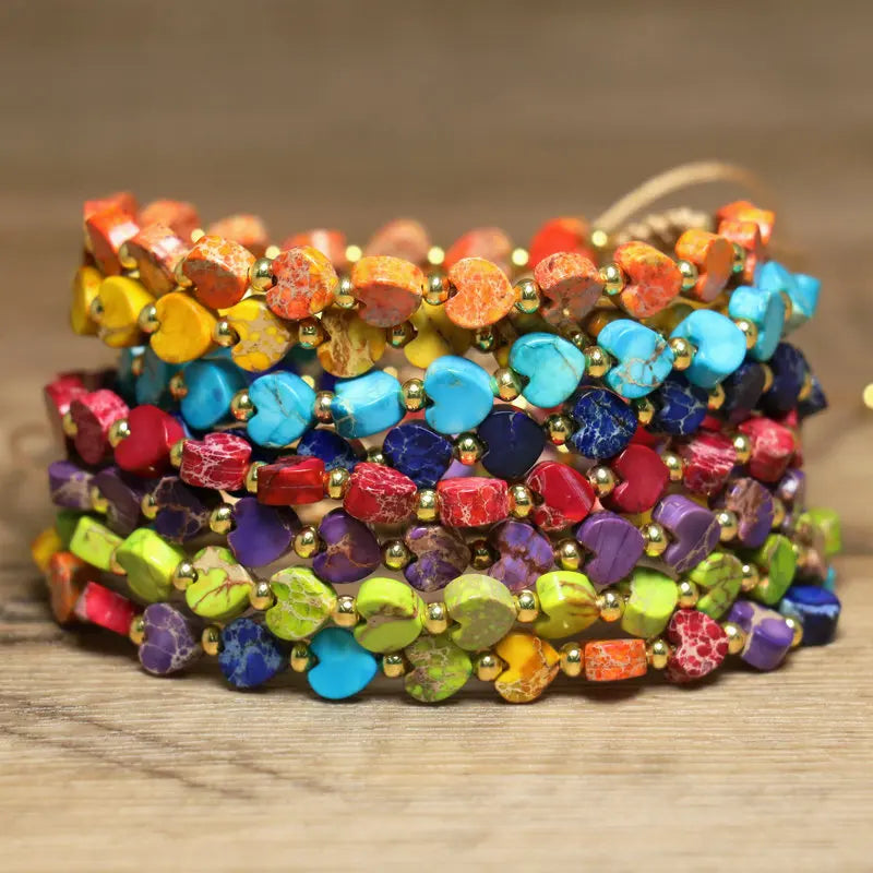 Dainty Beaded Bracelet for Women Jewelry Handwoven Adjustable Healing Crystal Heart Sea Sediment Jasper Natural Stone Bracelet