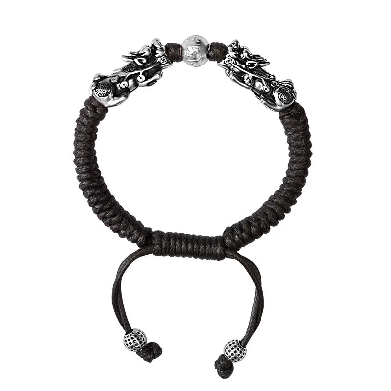 999 Sterling Silver Pixiu Gold Color Six Character Mantra Temperature Color Changed Lucky Black Rope Bracelets