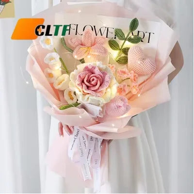 Wholesale Cheap Handmade Knitted Handicraft Flower Rose Bouquet for Gift Crochet Flower Bouquet for Gift and Home Decoration