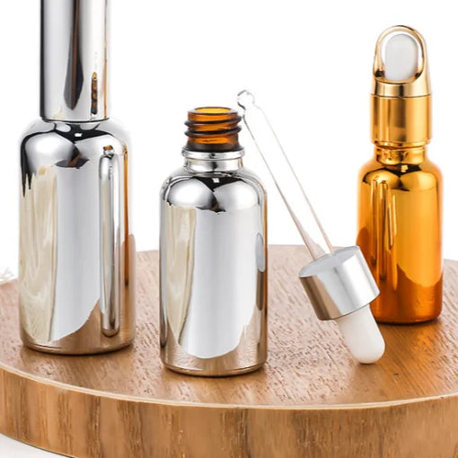 Sliver Gold Plating Electroplate Essential Oil Serum Glass Dropper Bottle With Basket Cap