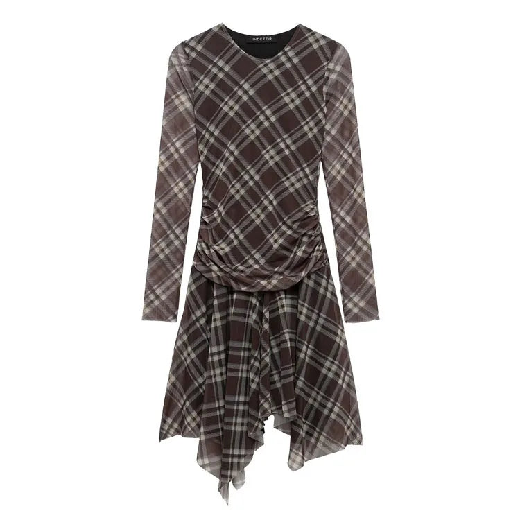 Fashionable Plaid Dress Custom logo Round Neck Long Sleeve Dress Directly Casual Pleated Short Skirt Wholesale