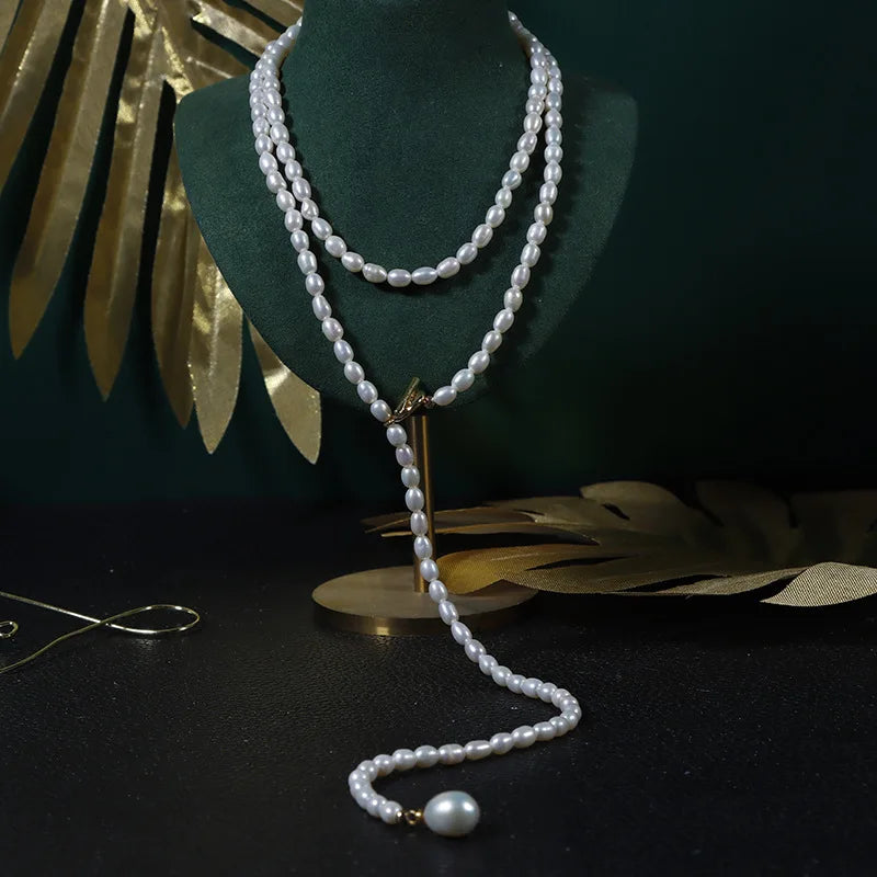 A Variety of Wear 80cm Long Necklace Natural Freshwater Pearl Millet Bead Sweater Chain Simple Daily Design
