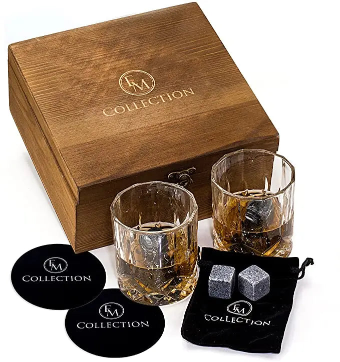 Junji Whiskey Stones Gift Set for Men Wooden Whisky Box Christmas Whisky Gift