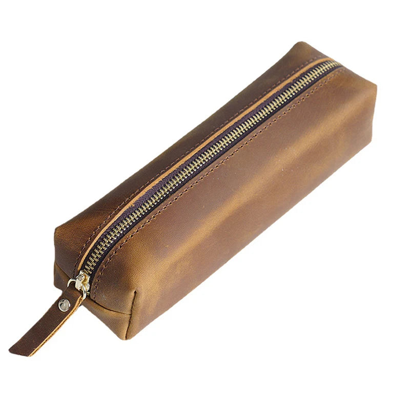 Custom Large Capacity Pen Pencil Zipper Pouch Elegant Crazy Horse Genuine Leather Pencil Case Vintage Portable Leather Pen Bag
