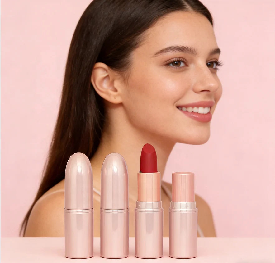 OEM Rose Gold Matte Lipstick Set - Waterproof Mineral-Based Lip Makeup Stick with Custom Logo Box Packaging