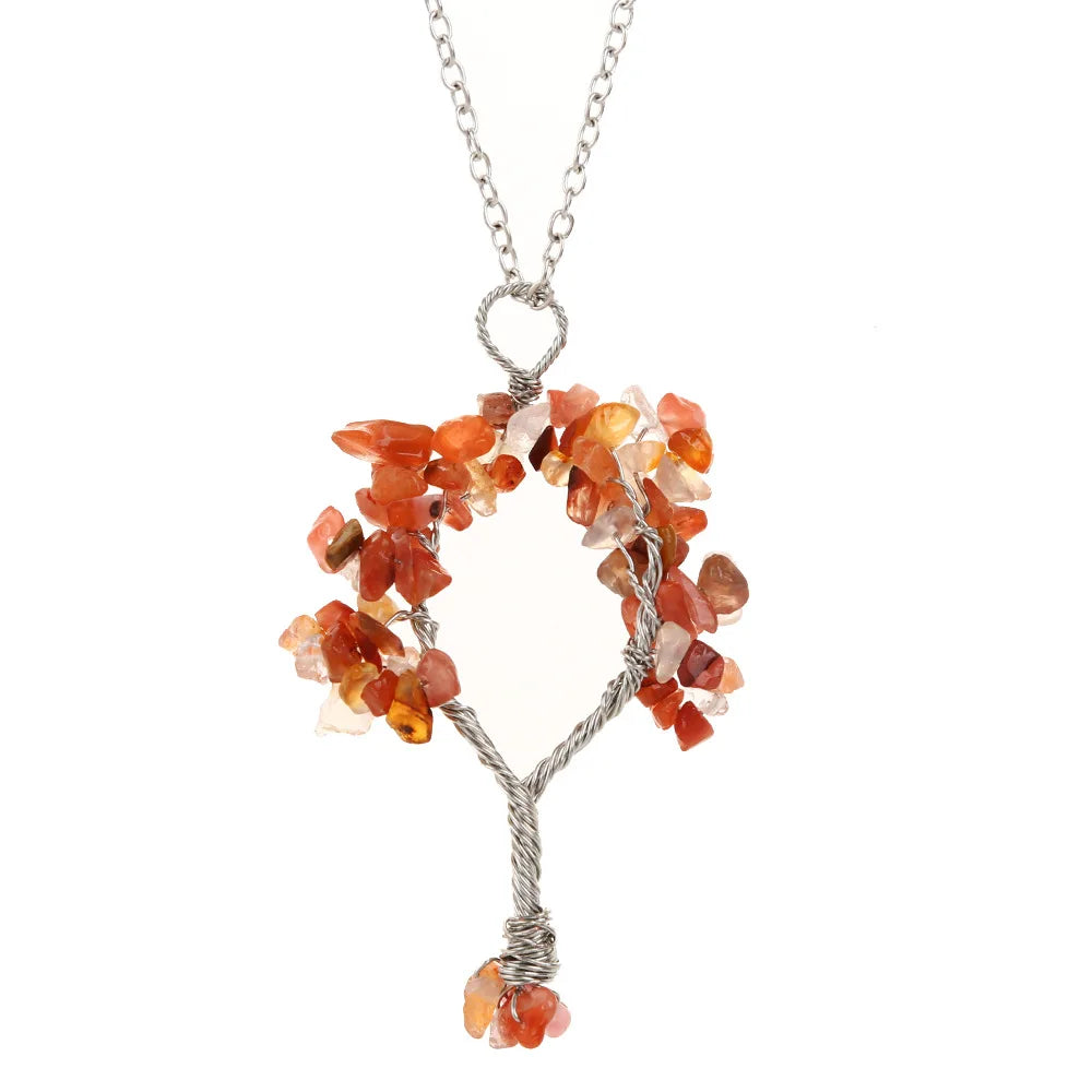Wholesale Crystal Natural Stone Tree of Life Wire Wrappde Gravel Pendant Necklace Fortune Tree Gemstone Pendants Necklace