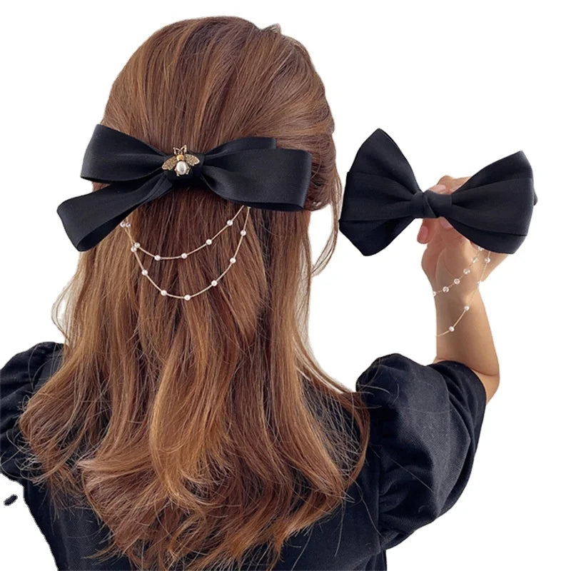 New Bow Pearls Chain Barrettes Hairpins for Women Rhinestone Spring Hair Clips Ribbon Headband Ponytail Hair Accessories
