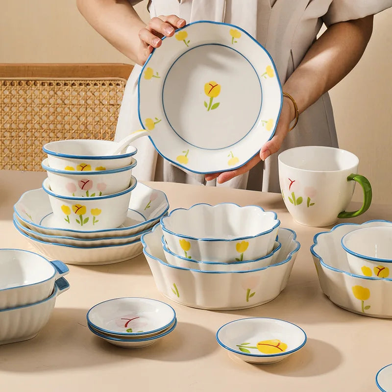 Solhui Household Kitchen Tableware Ceramic Tulip Dish Set Dessert Diner Plate Bowl