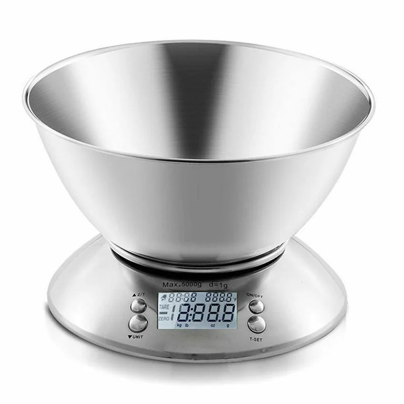 Stainless Steel Smart Kitchen Scale 5Kg 11LB Digital LCD Display Battery Tare Function Baking Household Use Bowl Pallet Basin