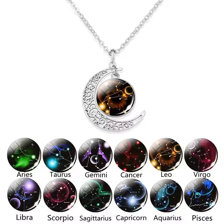 Zodiac Necklaces Jewelry Birthday Gifts 12 Horoscope Sign Crescent Moon Pendant Constellation Women Necklace