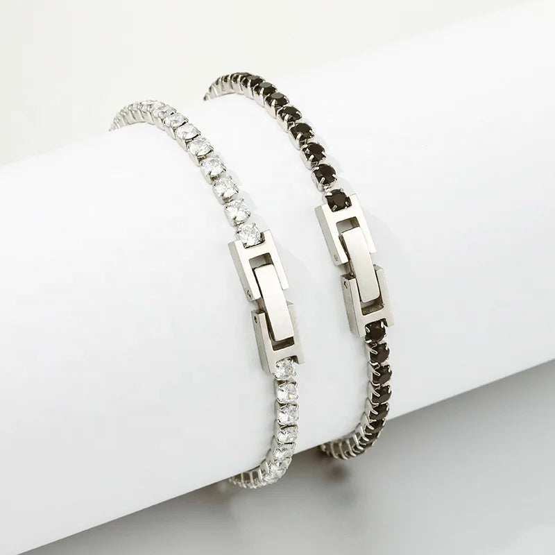 Wholesale Customized 18k Gold Plated Stainless Steel Metal Black and White Zircon 3MM Tennis Bracelet for Women