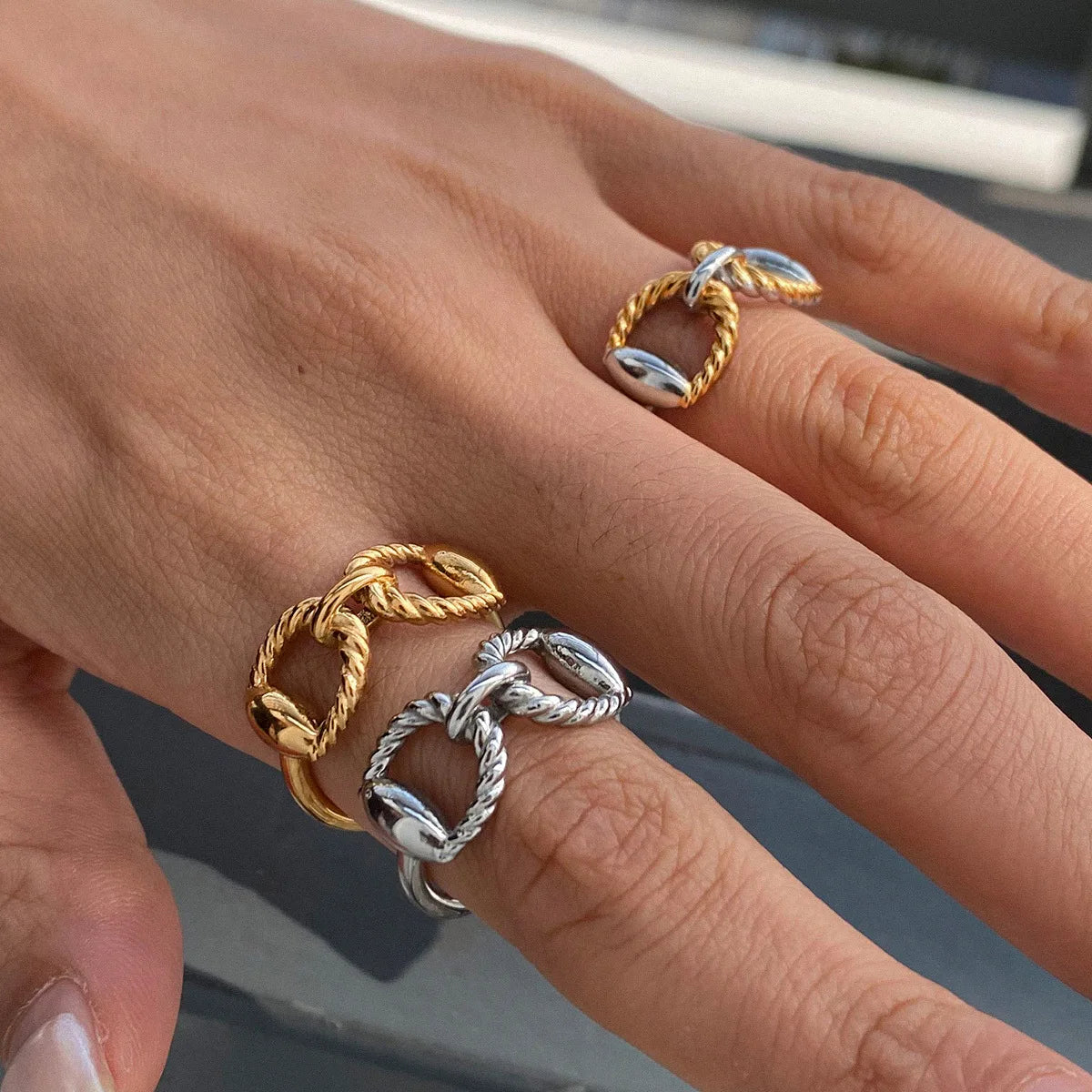 New Arrival Fashion Women's 18K Gold Plated Open Ring Adjustable Chunky Stainless Steel Jewelry Non-Fading Rings