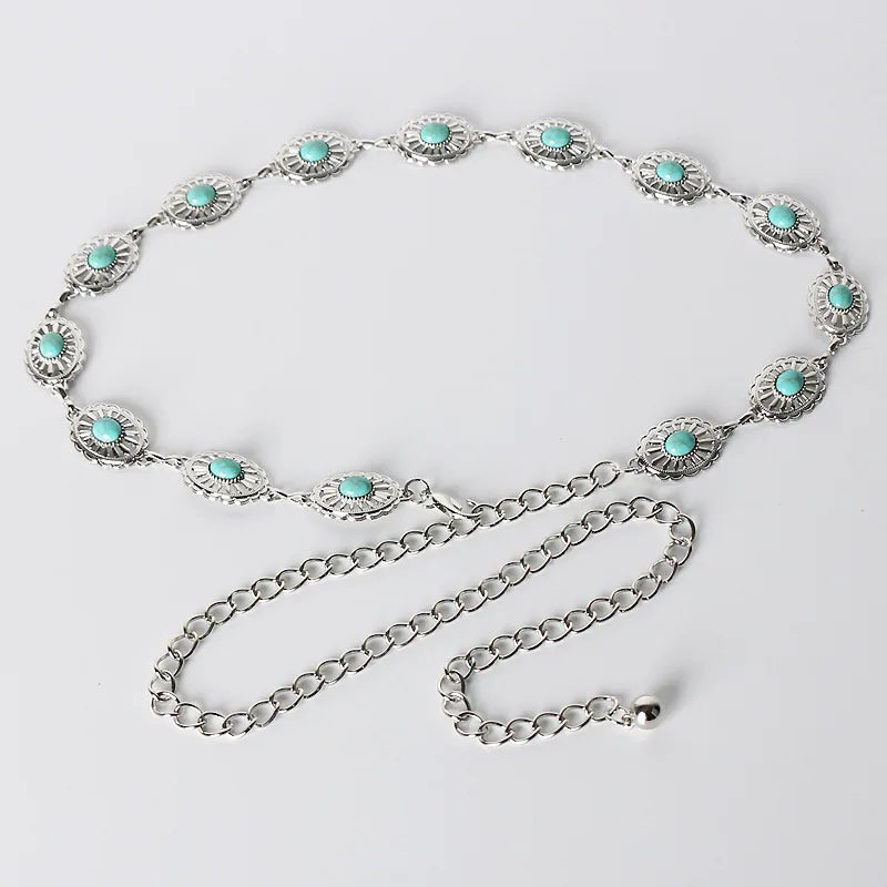 New Arrivals Fashion Accessories Golden Women Body Chain Belts Oval Turquoise Stone Lady Narrow Metal Retro Chain Belt