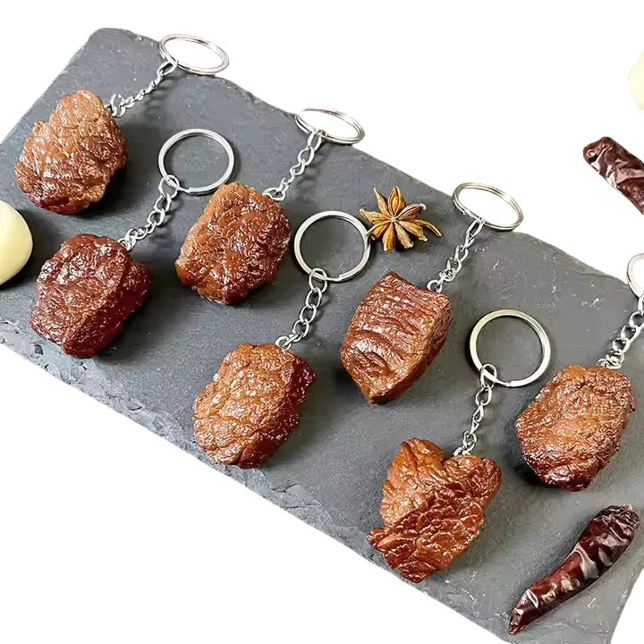 Simulation Beef Block Beef Charm Key Chain Imitation Food PVC Beef Cubes Keyring Food Model Simulation Food Pendant Keychain