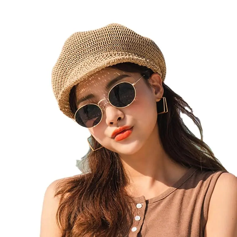 Newsboy Cap Women Summer Breathable Rope Knitted Thin Octagonal Cap Adjustable Beret Mesh Straw Hats