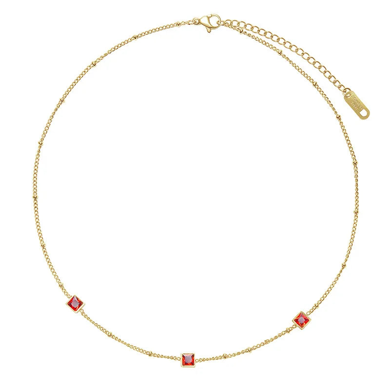 Women's Stainless Steel Jewelry 18K Gold Plated Green Square Zircon Pendant Beaded Necklace Fashion Elegant Thin Chai