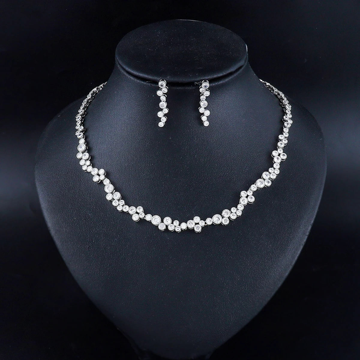 Weiman Classic Round Zircon Necklace and Earrings Bridal Jewelry Set Rhodium Plated for Wedding Bridesmaid and Parties