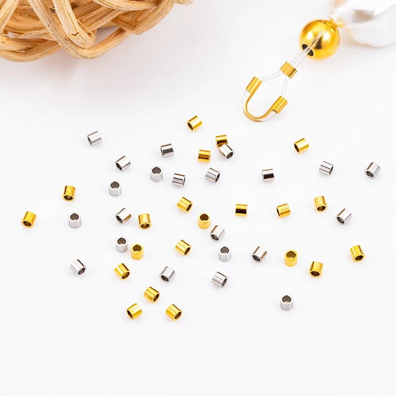 Custom Waterproof Stainless Steel Two-Color Tube Crimp End Bead Can Be Crimped Flat Accessory for DIY Jewelry Craft