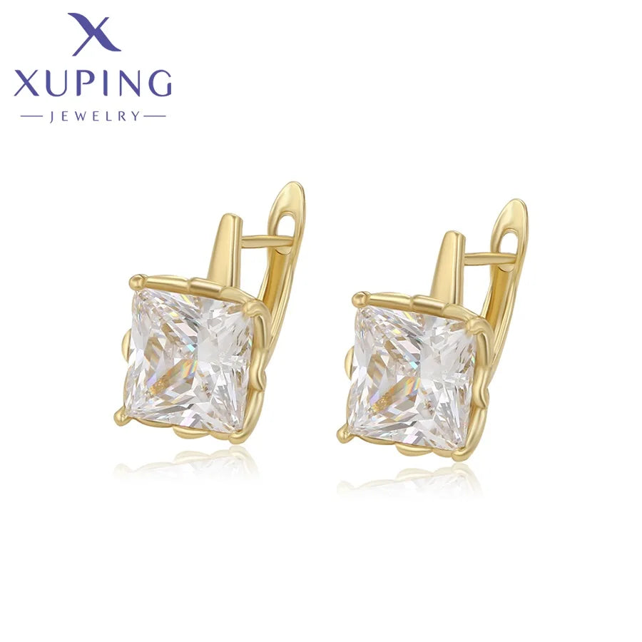 Xuping Jewelry Women's 14K Gold Plated Square Artificial Diamond Stud Earrings Fashionable X000941562 Copper Studs