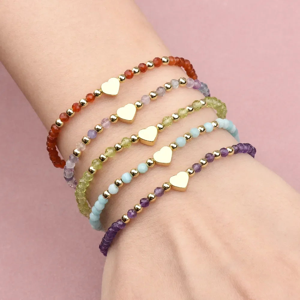 Low MOQ Fashion 3MM Natural Stone Moonstone Amethyst Hematite Heat Brass Gold Beads Couple Chain Bracelet