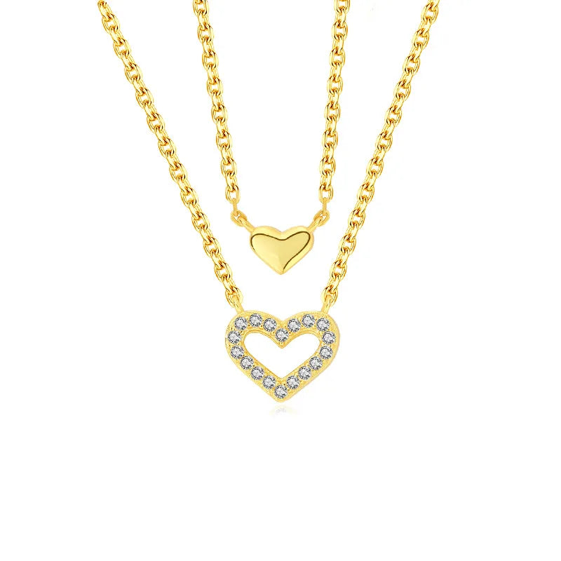 Daidan Heart Necklace Silver 925 Pave Heart Double Chain Hollowed Out Pendant Zircon Double Heart Necklace