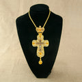 HT Orthodox Pectoral Cross Pendant Gold Plated with Amber Stones Crystal Large Christian Crucifix Necklace for Priest Bishop