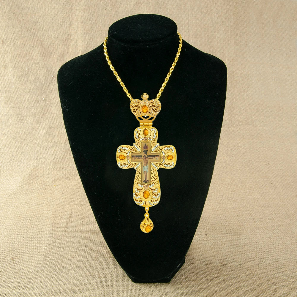 HT Orthodox Pectoral Cross Pendant Gold Plated with Amber Stones Crystal Large Christian Crucifix Necklace for Priest Bishop