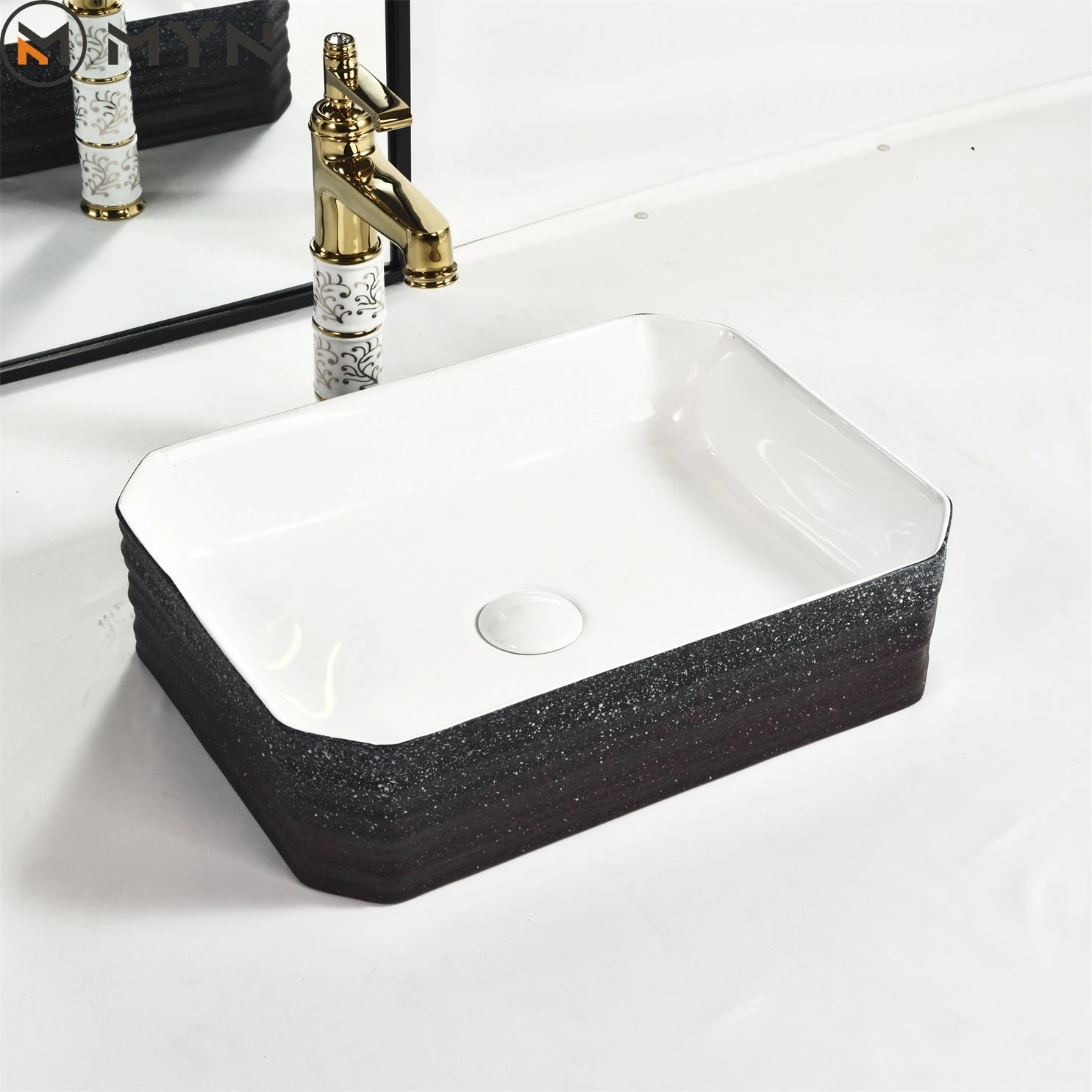 Meiyani Luxury Style Modern White Sink Basin Bowl Ceramic Gold Bathroom Sink Counter Top Gold Basin