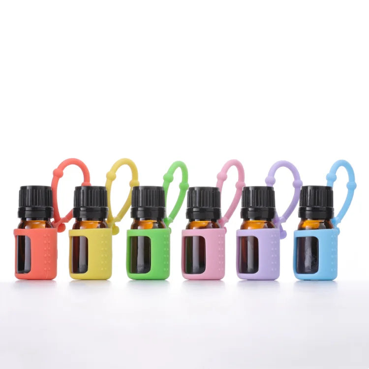 18mm 5ml 15ml 6color Silicone Holder Cosmetic Packaging Screw Cover Brown Amber Glass Essential Oil Bottle