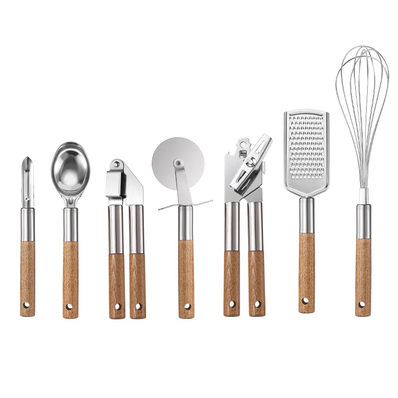 Manjia Wooden Cooking Garlic Press Can Opener Kitchen Gadgets 7Pieces Stainless Steel Utensils Kitchen Gadget Set