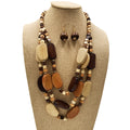 Natural Neutral 2024 Trendy Vintage Organic Rhodium Plated Square Wood Beaded 3-Rows Necklace & Earring Sets for Party & Gift