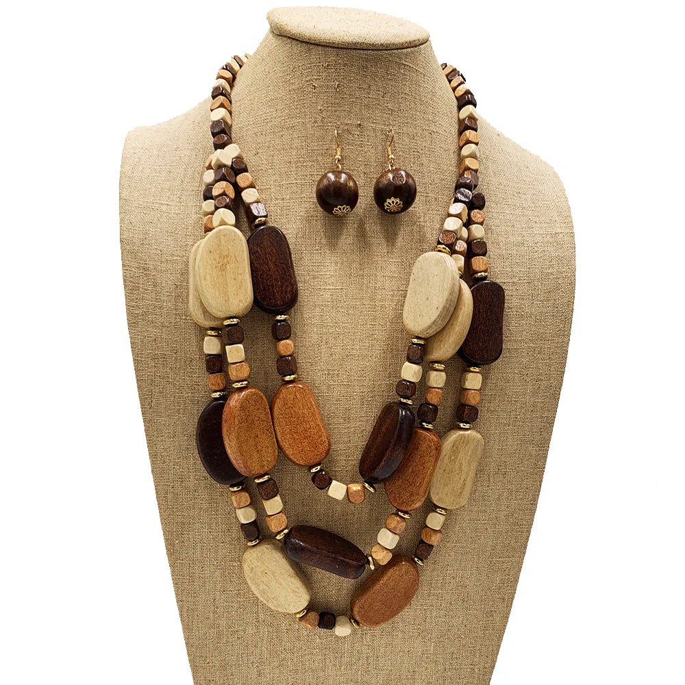 Natural Neutral 2024 Trendy Vintage Organic Rhodium Plated Square Wood Beaded 3-Rows Necklace & Earring Sets for Party & Gift