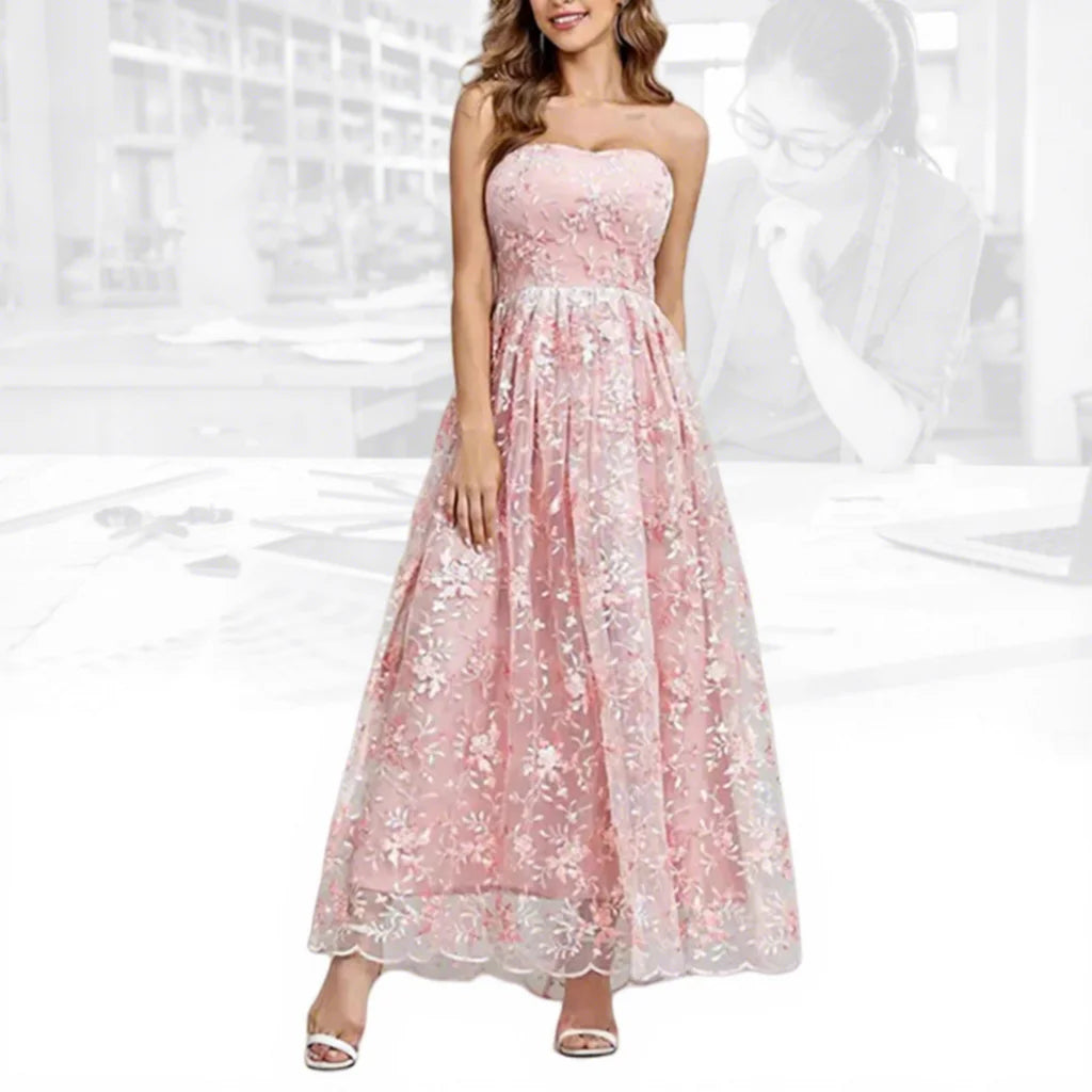 Clothing Factory Wholesale Custom  Women Summer Pink Embroidered Tulle High Temperament Fashion Casual Elegant Midi Dresses