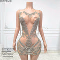 Ocstrade Para Mujeres Luxury Crystals Night Club Dress O Neck Rhinestone With Tassel Sexy Transparent Mesh Mini Dress for Women