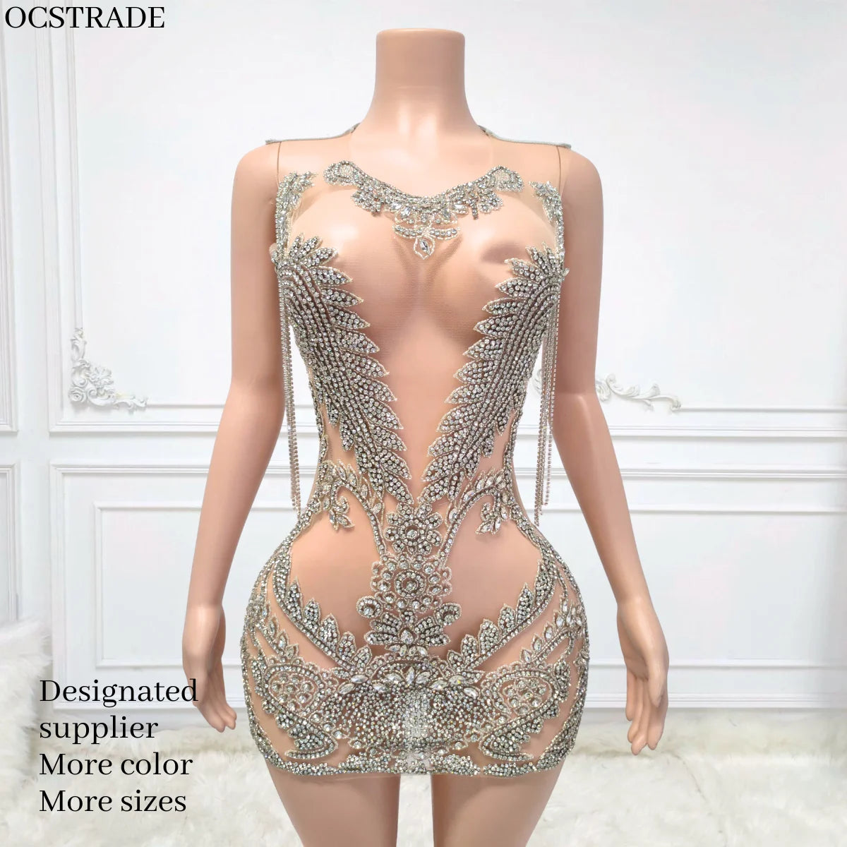 Ocstrade Para Mujeres Luxury Crystals Night Club Dress O Neck Rhinestone With Tassel Sexy Transparent Mesh Mini Dress for Women