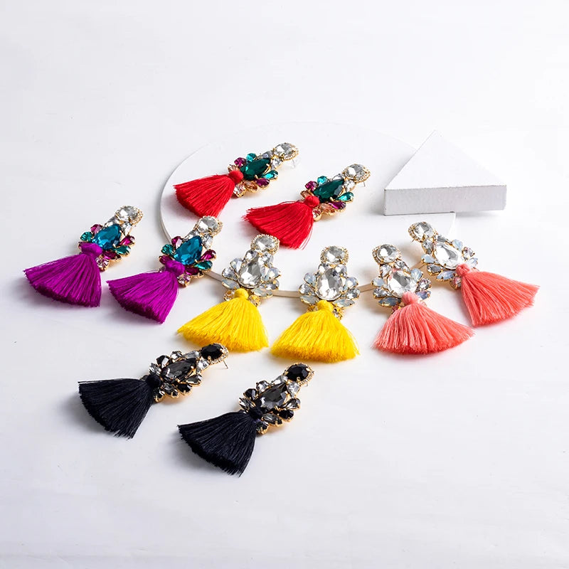 Ethnic Women Diamond Geometric Fringe Earrings Colorful Rhinestone Crystal Thread Tassel Earrings Bohemian Jewelry