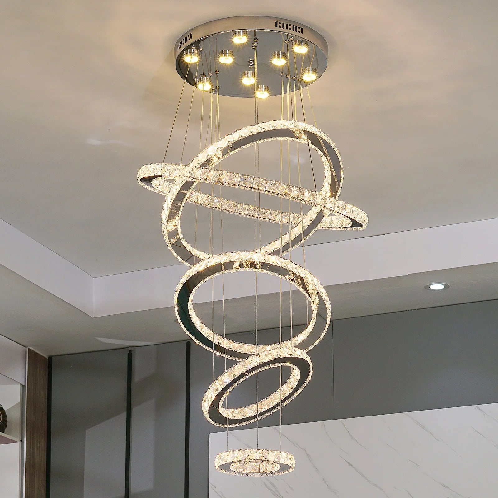Custom Hotel Pendant Lighting Wired Hanging Crystal 5 Circle Chandelier