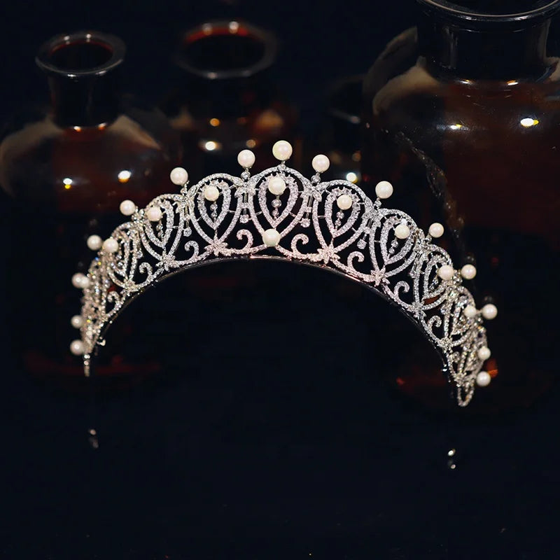 Stunning Bridal Headdress Pageant Zircon Pearl Tiara Wedding Hair Accessories Princess Birthday Crown