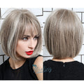Fast Delivery Short Straight Synthetic Brown Mix Gray Hair Cute Bob with Bangs Wigs for Black Ladies Wholesale Synthetic Wigs