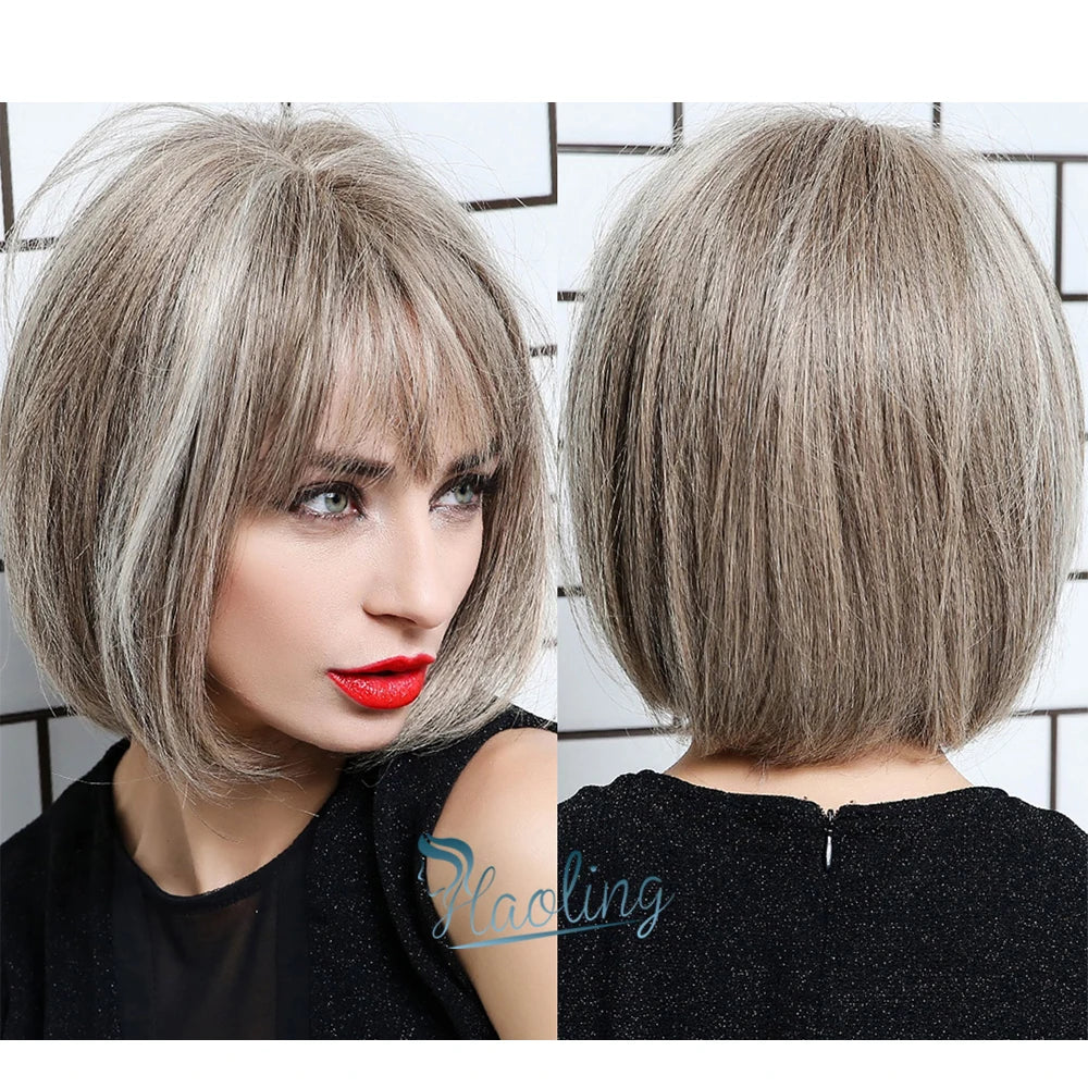 Fast Delivery Short Straight Synthetic Brown Mix Gray Hair Cute Bob with Bangs Wigs for Black Ladies Wholesale Synthetic Wigs