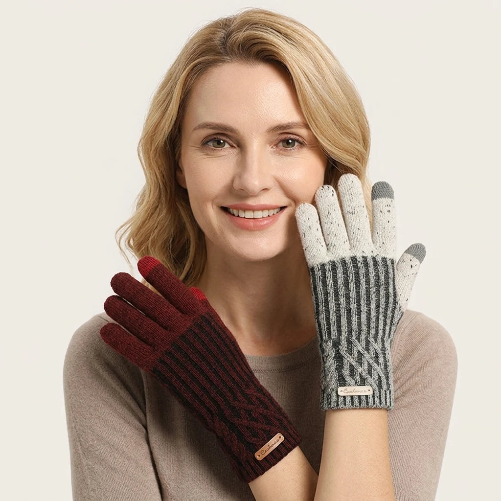 New Stylish Krown Women Casual Winter Cashmere Knitted Wrist-Length Mitten Screen Touch 100% Cashmere Custom Ribb Striped Wine