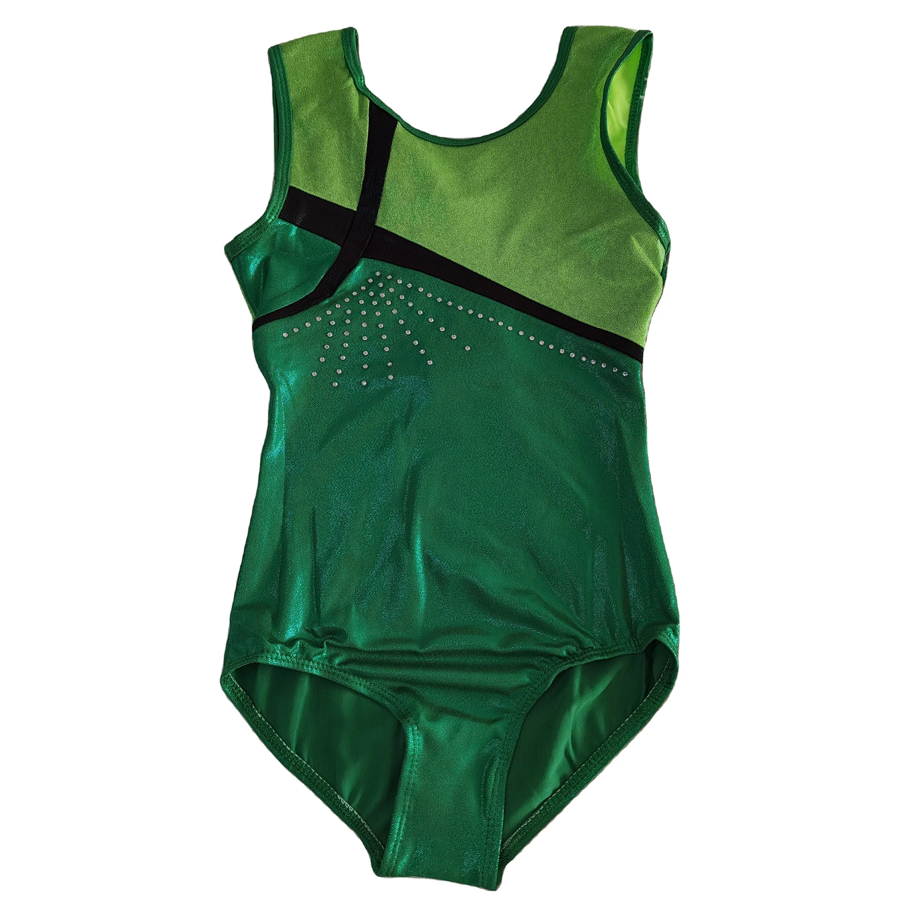 Factory Wholesale Cheap Sleeveless Rhinestones Kids Girls Children Green Gymnastics Leotards