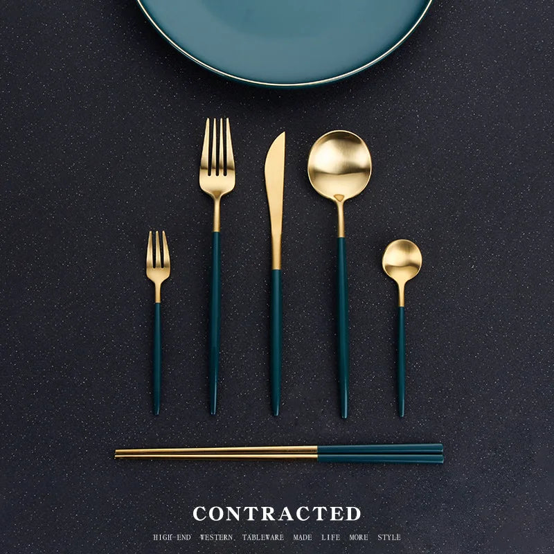 4pcs 304 Metal Flatware Set Gold Green Spoon Fork Knife Mirror Polish Cutlery Silverware for Steak Elegant Dining Cutlery
