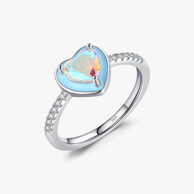 925 Sterling Silver Fine Jewelry for Women Romantic Blue Enamel Heart Rainbow Color Zirconia Cocktail Rings