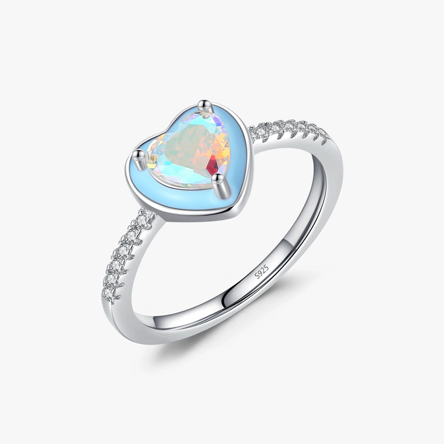925 Sterling Silver Fine Jewelry for Women Romantic Blue Enamel Heart Rainbow Color Zirconia Cocktail Rings