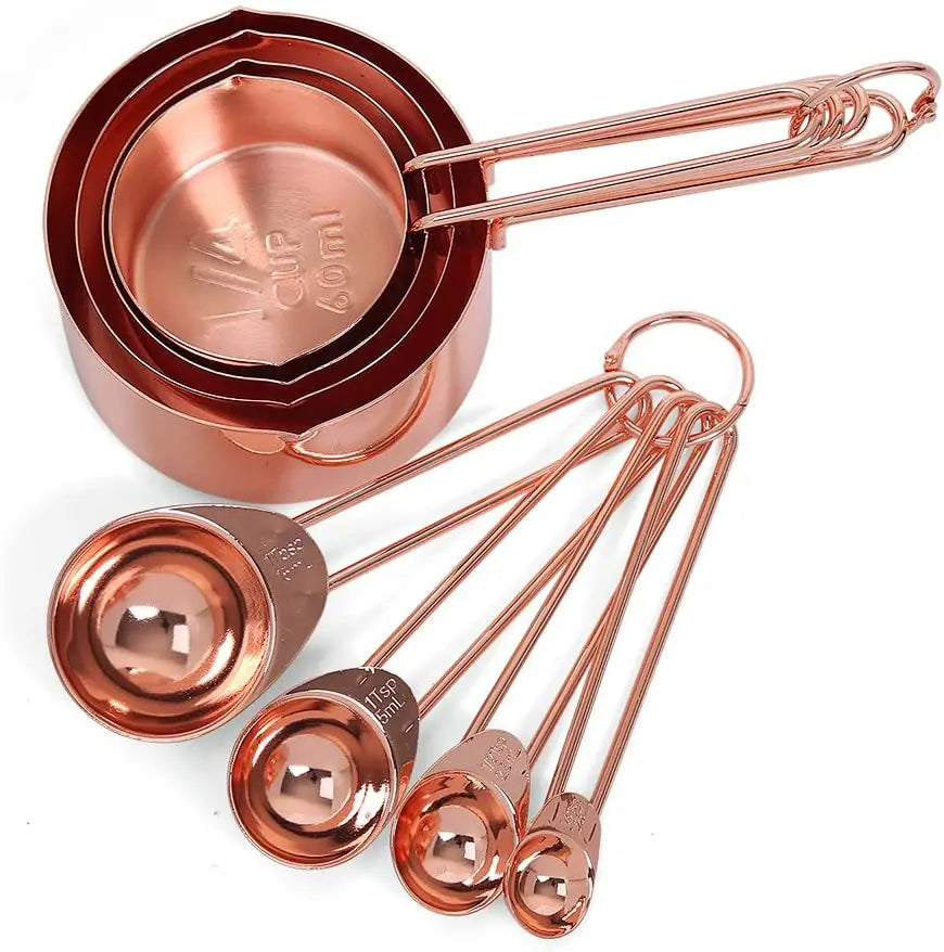 8 Pcs Stainless Steel Rose Gold Copper Measuring Cups and Spoons Set with Engraved Marking Ruler for Measuring Dry Liquid
