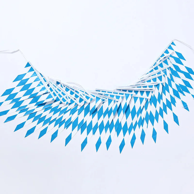 Munich Oktoberfest Party Decorations Blue White Checkered Triangle Hanging Flag Eco-friendly PE Material Handmade 20x30cm